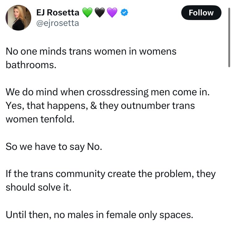 cyberfrontier's tweet photo. Regarding men in women’s toilets -
She went from
‘No one minds transvestites’
‘Oh I was wrong actually women do mind’
‘ I can get #Imind trending’
And then back to taking it upon herself to say ‘most don’t mind’.
In three posts.
Can you see the flakiness, the lack of conviction?
Women like me HOLD THE LINE.
And I dgaf who’s with me it not.
That’s the difference between flaky people like EJ and the rest of us.