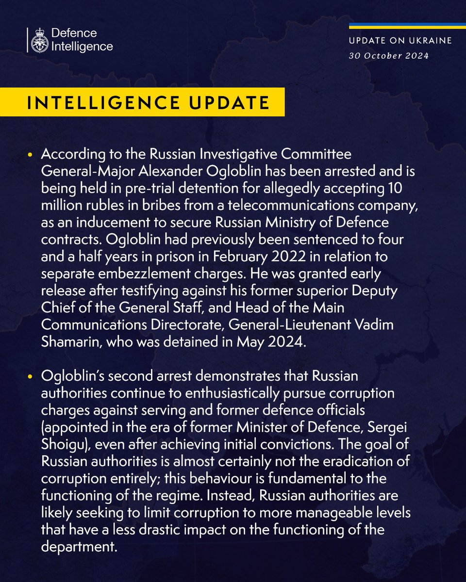 According to the Russian Investigative Committee General-Major Alexander Ogloblin has been arrested and is being held in pre-trial detention for allegedly accepting 10 million rubles in bribes from a telecommunications company, as an inducement to secure Russian Ministry of Defence contracts. Ogloblin had previously been sentenced to four and a half years in prison in February 2022 in relation to separate embezzlement charges. He was granted early release after testifying against his former superior Deputy Chief of the General Staff, and Head of the Main Communications Directorate, General-Lieutenant Vadim Shamarin, who was detained in May 2024.Ogloblin’s second arrest demonstrates that Russian authorities continue to enthusiastically pursue corruption charges against serving and former defence officials (appointed in the era of former Minister of Defence, Sergei Shoigu), even after achieving initial convictions.