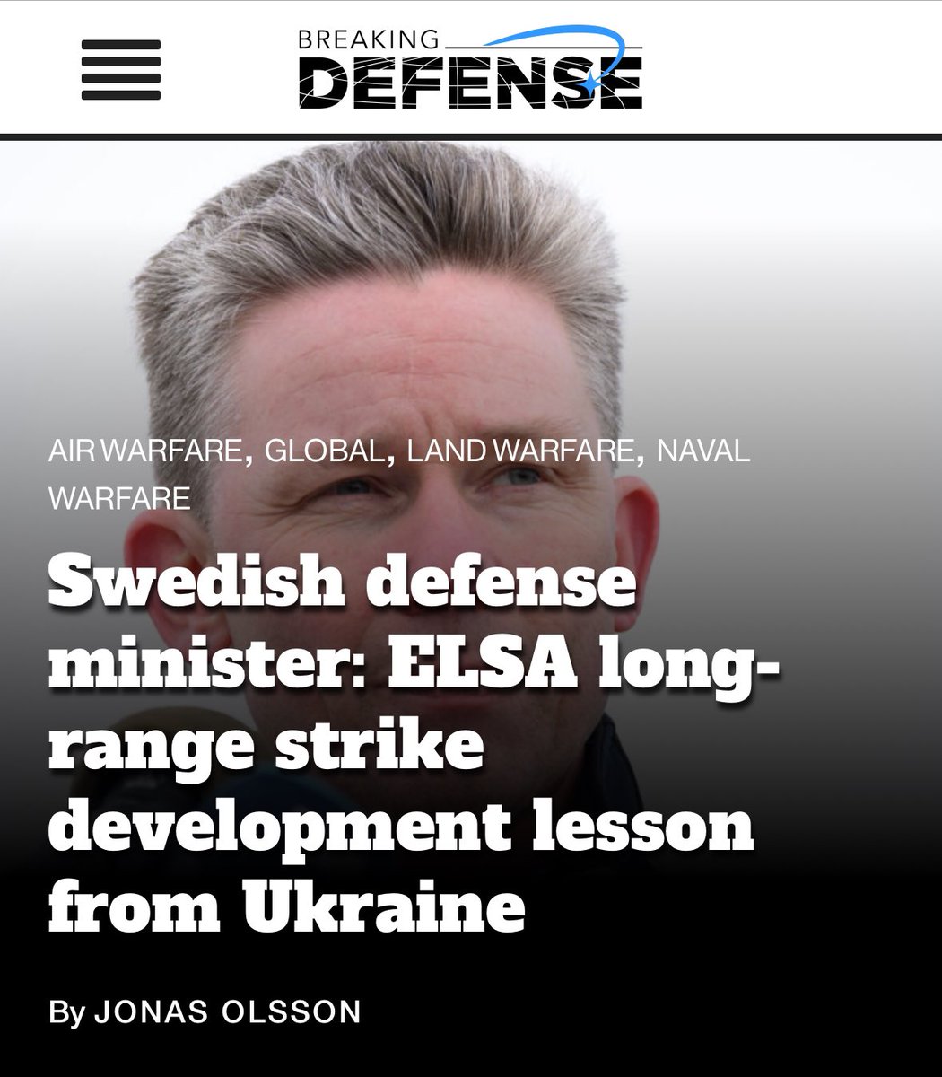 Sweden is eager to participate in the new European Long Range Strike Approach (ELSA) program.

Defense Minister Pål Jonson telling Breaking Defense he sees an industrial role for companies like Saab and MBDA in the new effort.

breakingdefense.com/2024/10/swedis…
