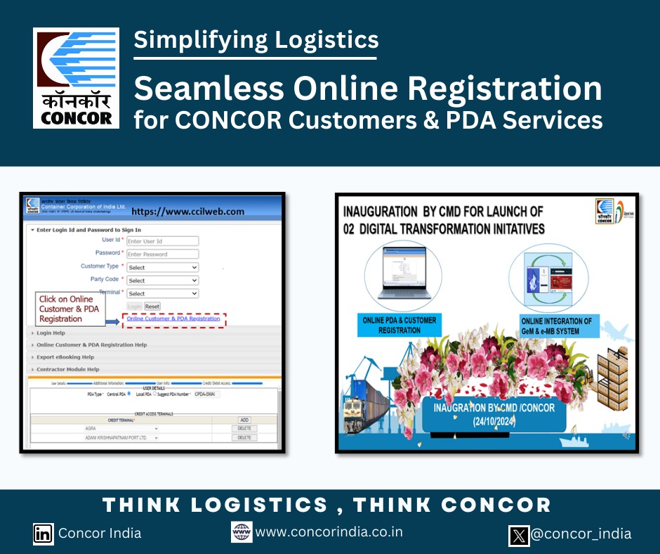 concor_india's tweet photo. Exciting development from CONCOR! Under the leadership of CMD/CONCOR, we have launched online registration for Customer and PDA (Pre-Deposit Account) services, designed to simplify processes and promote ease of doing business. 

#CONCOR #NationalLogisticsPolicy #DigitalIndia #OnlineRegistration #EaseOfDoingBusiness #eInitiative