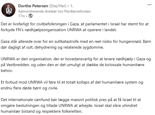 PlanBørnefonden (@planbornefonden) on Twitter photo Det er livsfarligt for børn og alle civile i Gaza, at Israel forbyder UNRWA at operere i landet. Det vil føre til et totalt kollaps at det humanitære system og koste endnu flere liv. Udtalelse fra vores direktør, <a href="/dorthe10/">Dorthe Petersen</a>👇🏽 Det er livsfarligt for børn og alle civile i Gaza, at Israel forbyder UNRWA at operere i landet. Det vil føre til et totalt kollaps at det humanitære system og koste endnu flere liv. Udtalelse fra vores direktør, <a href="/dorthe10/">Dorthe Petersen</a>👇🏽