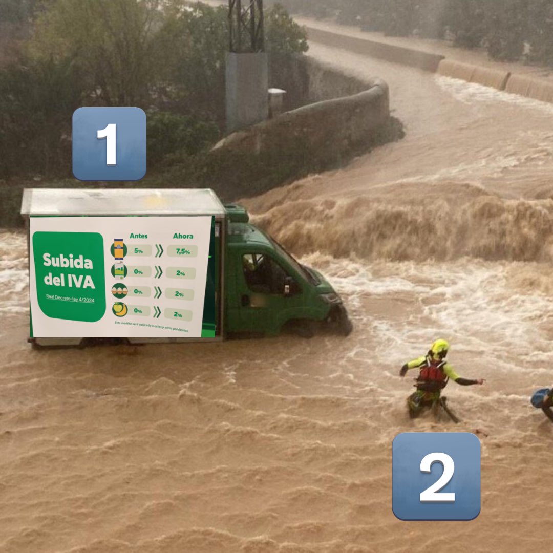 Con el número 1 un camión de Mercadona denunciando la subida de impuestos. Con el número 2 un funcionario pagado con esos impuestos, rescatando a los ocupantes del camión número 1.