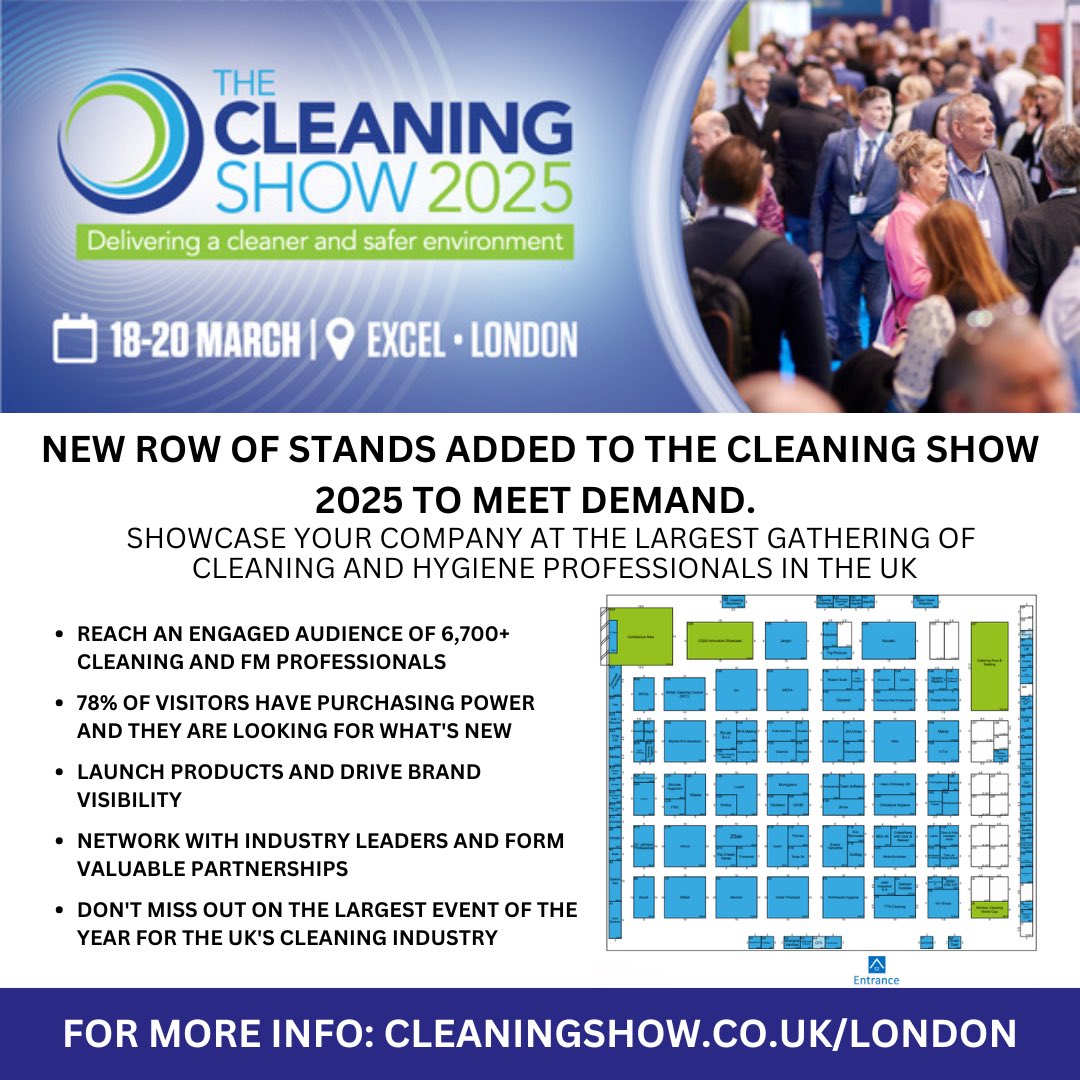 The Cleaning Show (@thecleaningshow) on Twitter photo NEW STAND SPACE ADDED TO THE LONDON CLEANING SHOW 2025 TO
Ā
Don't miss out on the largest event of the year for the UK's cleaning industry!
Ā
To book your stand contact Paul or Michelle: paulsweeney@quartzltd.com / michelleandrews@quartzltd.com
Ā
#thecleaningshow2025 NEW STAND SPACE ADDED TO THE LONDON CLEANING SHOW 2025 TO
Ā
Don't miss out on the largest event of the year for the UK's cleaning industry!
Ā
To book your stand contact Paul or Michelle: paulsweeney@quartzltd.com / michelleandrews@quartzltd.com
Ā
#thecleaningshow2025