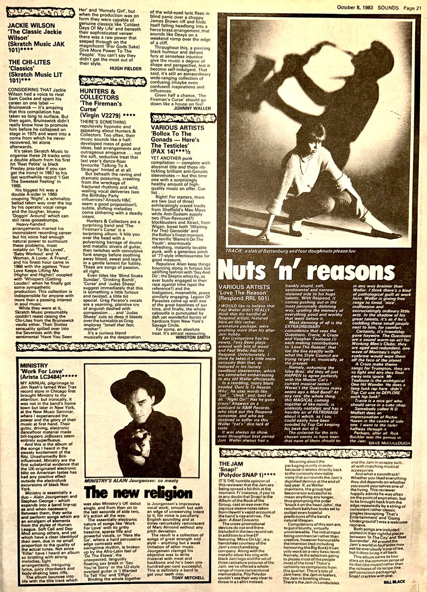 ZoundsAbound's tweet photo. Edwin Pouncey is completely sold on ‘More Fun In The New World’ by @Xtheband 5⭐️
Tony Mitchell also gives 5⭐️ to ‘Work For Love’ by #Ministry & great reviews too for LPs by #TheStingrays, by #TheJam & ‘The Fireman’s Curse’ by #HuntersAndCollectors
Sounds Oct 8th 1983 https://t.co/dgKZw5bndU