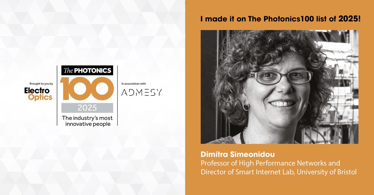 University of Bristol (@bristoluni) on Twitter photo Congratulations to Professor Dimitra Simeonidou, Director of the University of Bristol's Smart Internet Lab, who has been named in Electro Optics' Photonics 100 list for her pioneering work in advanced telecommunications. ๐
Read more โก๏ธ brnw.ch/21wOecl Congratulations to Professor Dimitra Simeonidou, Director of the University of Bristol's Smart Internet Lab, who has been named in Electro Optics' Photonics 100 list for her pioneering work in advanced telecommunications. ๐
Read more โก๏ธ brnw.ch/21wOecl