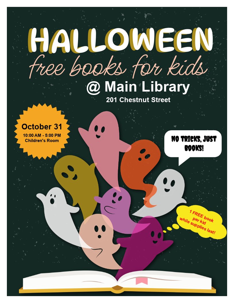 No tricks, just books! 🎃 Stop by the downtown Main Library Children's room on October 31 between 10am - 5pm to receive a free book 📙! 1 FREE book per kid while supplies last!

#nhcpl #nhclibrary #wilmingtonnc