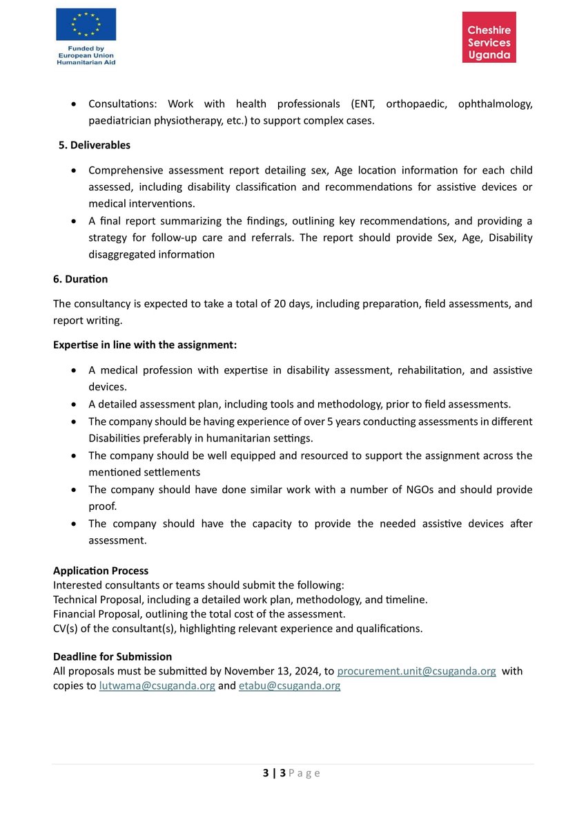 CSU is seeking a qualified consultancy firm to conduct medical assessments for Children with Disabilities in Ugandan Refugee Settlements.
Apply by November 13, 2024. 
For more information, refer to the Terms of Reference. 
#InclusiveEducation #ConsultancyOpportunity