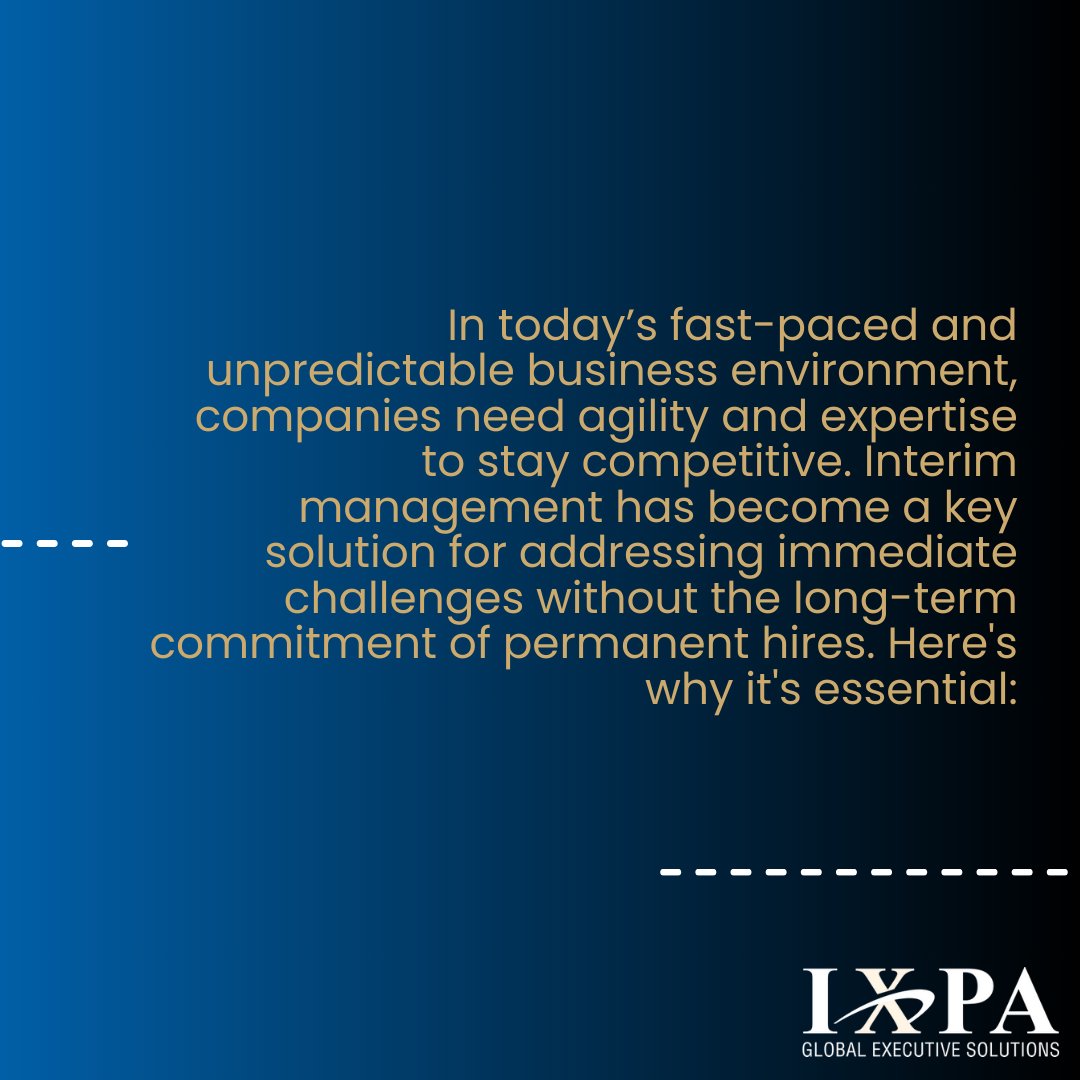 IXPAGLOBAL's tweet photo. Why Interim Management is Essential in Today's Business Landscape. 📈

In today’s ever-evolving business landscape, the agility, expertise, and efficiency that interim management offers have made it an indispensable tool for companies aiming to navigate complexity and maintain competitive advantage.