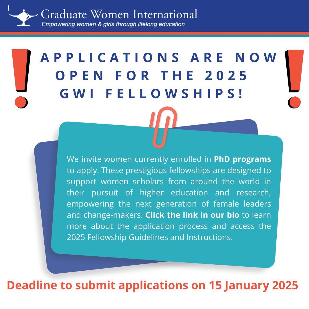 Exciting News! Applications for the 2025 round of GWI Fellowships are now open! Click here buff.ly/3NM0yIc to learn about the application process and access the Fellowship Guidelines and Instructions. Don't miss this opportunity to further your academic journey with GWI!