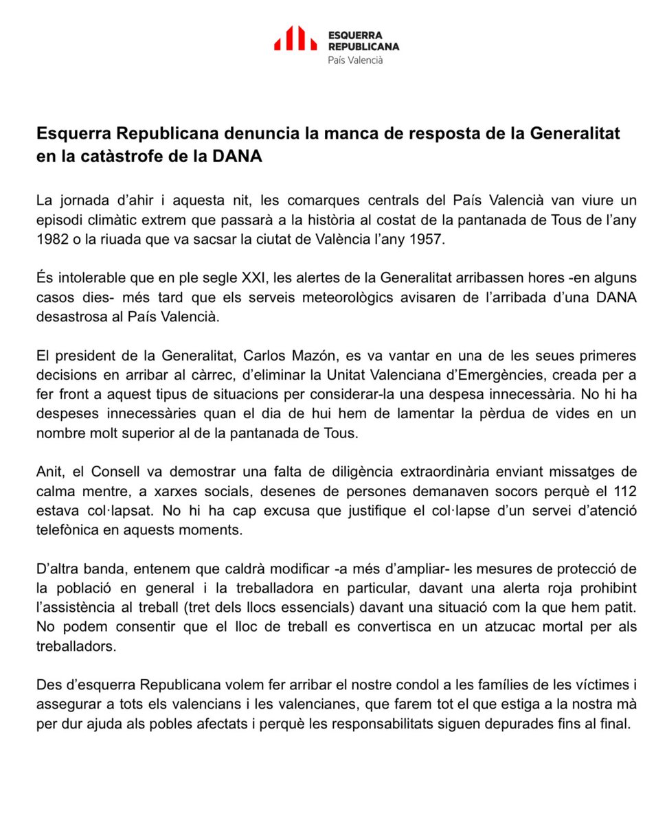 Esquerra Republicana del País Valencià (ERPV) (@esquerrapv) on Twitter photo Esquerra Republicana denuncia la manca de resposta de la <a href="/generalitat/">Generalitat</a> en la catàstrofe de la DANA. Esquerra Republicana denuncia la manca de resposta de la <a href="/generalitat/">Generalitat</a> en la catàstrofe de la DANA.