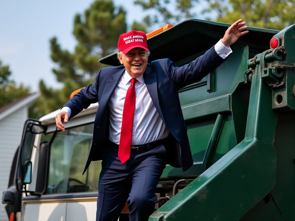 sethweathers's tweet photo. If Trump isn’t hanging off of the back of a Waste Management truck by the end of the week, I’m going to be upset. https://t.co/94r30ciUCB