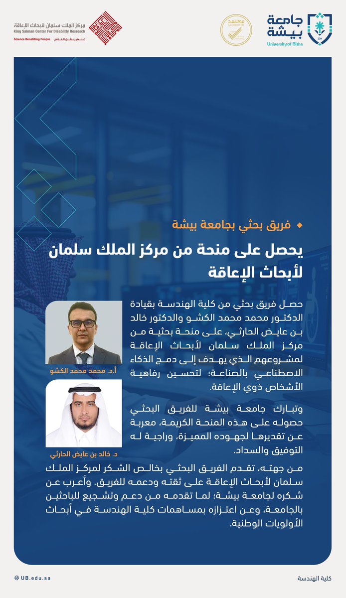 نبارك للدكتور محمد محمد الكشو والدكتور خالد بن عايض الحارثي وفريقهما البحثي بكلية الهندسة الحصول على منحة من مركز الملك سلمان لأبحاث الإعاقة.