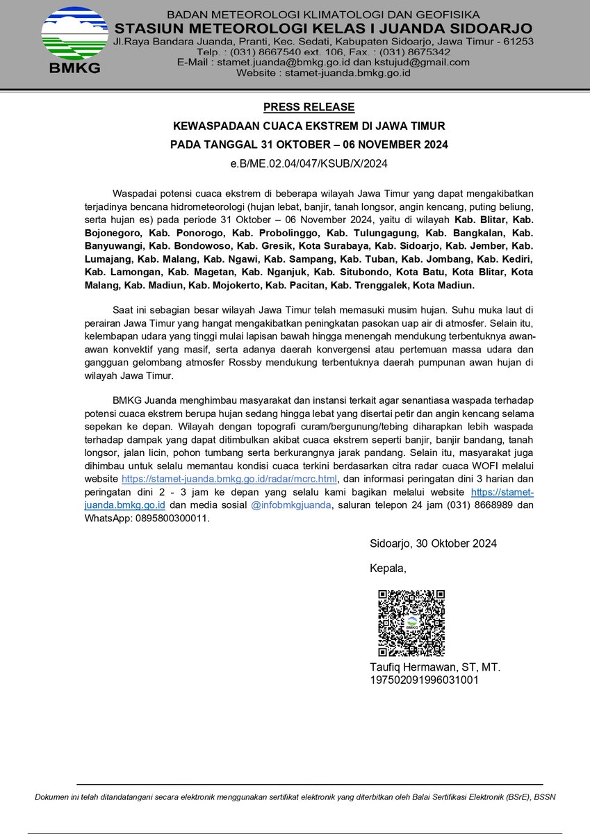 Press Release kewaspadaan cuaca ekstrem Jawa Timur
periode 31 Oktober s/d 06 November 2024 📷
Segera calling kami di 081234570077 bila terjadi Bencana di wilayah Kabupaten Lumajang.