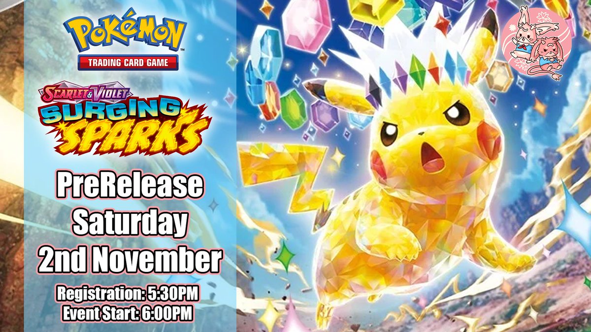 PucaPucaGames's tweet photo. ⚡ Pokemon TCG Surging Sparks PreRelease will take place for Seniors &amp; Masters on Saturday 2nd November at 6PM! Juniors will have a second PreRelease on Sunday 3rd November at 10:30am

To secure your spot, click the link below to go to our product page ⚡

https://t.co/LIhwkWThOP https://t.co/PepvtU3kyD