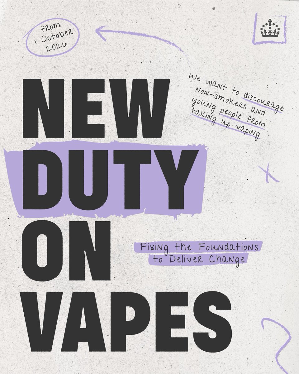 We want to discourage non-smokers &amp; young people from taking up vaping.

From 1 Oct 2026, we’re introducing a vaping duty for the first time at £2.20 per 10ml of liquid.

Plus a one-off tobacco duty rise to keep the incentive to choose refillable vaping over smoking.