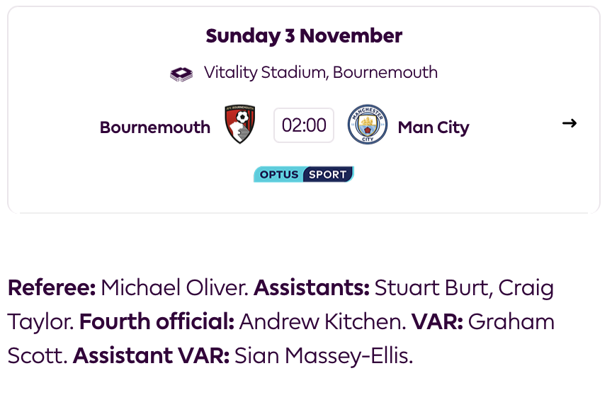AdamJoseph's tweet photo. Michael Oliver has been rewarded for his shameful decision last week, appointed to Bournemouth vs Manchester City this week. The accountability is nonexistent at this point.

Also, that's the same Michael Oliver who was paid to go the UAE in September 2023 by City's owners 🤷‍♂️ https://t.co/le29nZFvdw