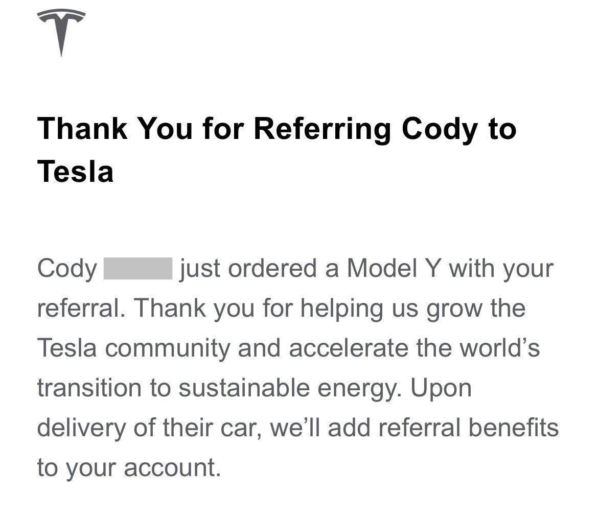 evansnr's tweet photo. Thank you to Cody for using my referral link to order a Tesla Model Y. What a car you’re going to love it.

If you’re looking to pick up a Tesla. please consider using my referral link https://t.co/nS4UoMcPEo to save up to $1000 off your order 

#Teslareferral https://t.co/14V9UTMEDI