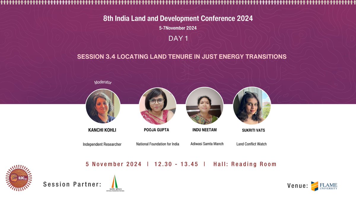 NFI_India's tweet photo. 📡Our colleague Ms. Pooja Gupta will be speaking at the India Land and Development Conference 2024 on the issue of Locating Land Tenure in Just #EnergyTransitions. 

📅 Tuesday, 5th November at Flame University, Pune. 

Do join her for an insightful conversation. https://t.co/IS1OsgtVJy