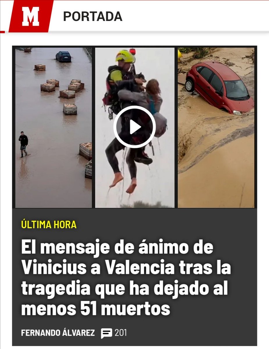 Esta es la portada que ha puesto hoy el diario Marca. Para la prensa de la caverna de Madrid hasta la DANA en Valencia con 62 fallecidos gira en torno a Vinicius y el Real Madrid.