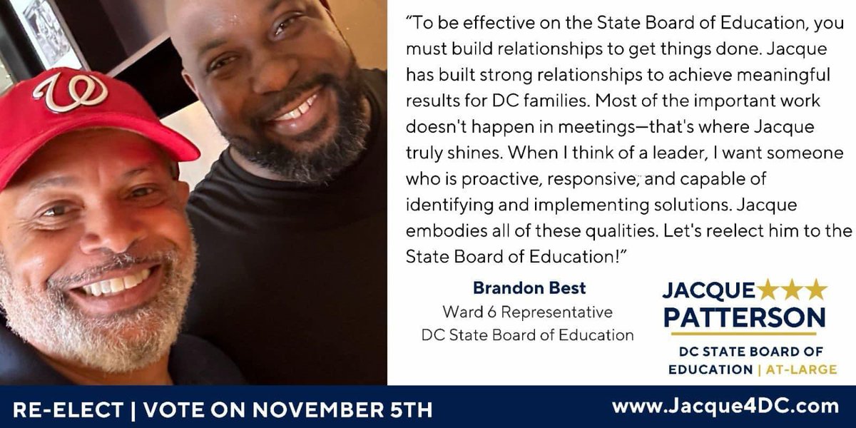 Dr. Jacque Patterson, (Edvocate At-Large) (@dc_edvocate) on Twitter photo Our community thrives when every voice is heard and every child has access to an equitable education.
🚨EARLY VOTING has begun‼️
Let’s stand together and make sure our votes count for the future of all our children.
<a href="/BrandonBest/">Brandon Sinclair Best</a> Our community thrives when every voice is heard and every child has access to an equitable education.
🚨EARLY VOTING has begun‼️
Let’s stand together and make sure our votes count for the future of all our children.
<a href="/BrandonBest/">Brandon Sinclair Best</a>