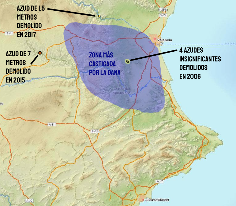 PARA LOS CONSPIRANOICOS DE LAS PRESAS:

NÚMERO DE PRESAS DERRIBADAS EN LA COMUNIDAD VALENCIANA EN LOS ÚLTIMOS AÑOS = CERO

NÚMERO DE AZUDES ELIMINADOS EN LA COMUNIDAD VALENCIANA A PARTIR DE 2018 = CERO

Esto que pongo en la imagen son las únicas barreras de agua que se han