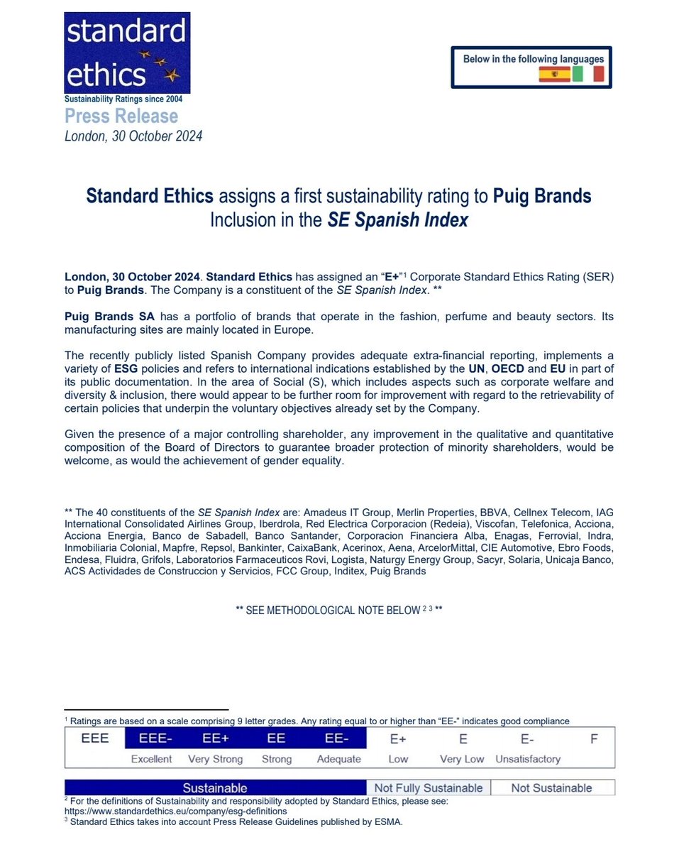 Standard Ethics (@standardethics) on Twitter photo With today's #ESG #rating issue, Puig, enters the SE Spanish Index to make up one of the 40 listed companies featured. The Agency is considering the Company for inclusion in the Fashion&Luxury Index <a href="/teleborsa/">Teleborsa</a> <a href="/Marketscreener5/">MarketScreener Español</a> <a href="/bolsamania/">Bolsamanía</a> <a href="/europapress/">Europa Press</a> <a href="/elEconomistaes/">elEconomista.es</a> With today's #ESG #rating issue, Puig, enters the SE Spanish Index to make up one of the 40 listed companies featured. The Agency is considering the Company for inclusion in the Fashion&Luxury Index <a href="/teleborsa/">Teleborsa</a> <a href="/Marketscreener5/">MarketScreener Español</a> <a href="/bolsamania/">Bolsamanía</a> <a href="/europapress/">Europa Press</a> <a href="/elEconomistaes/">elEconomista.es</a>