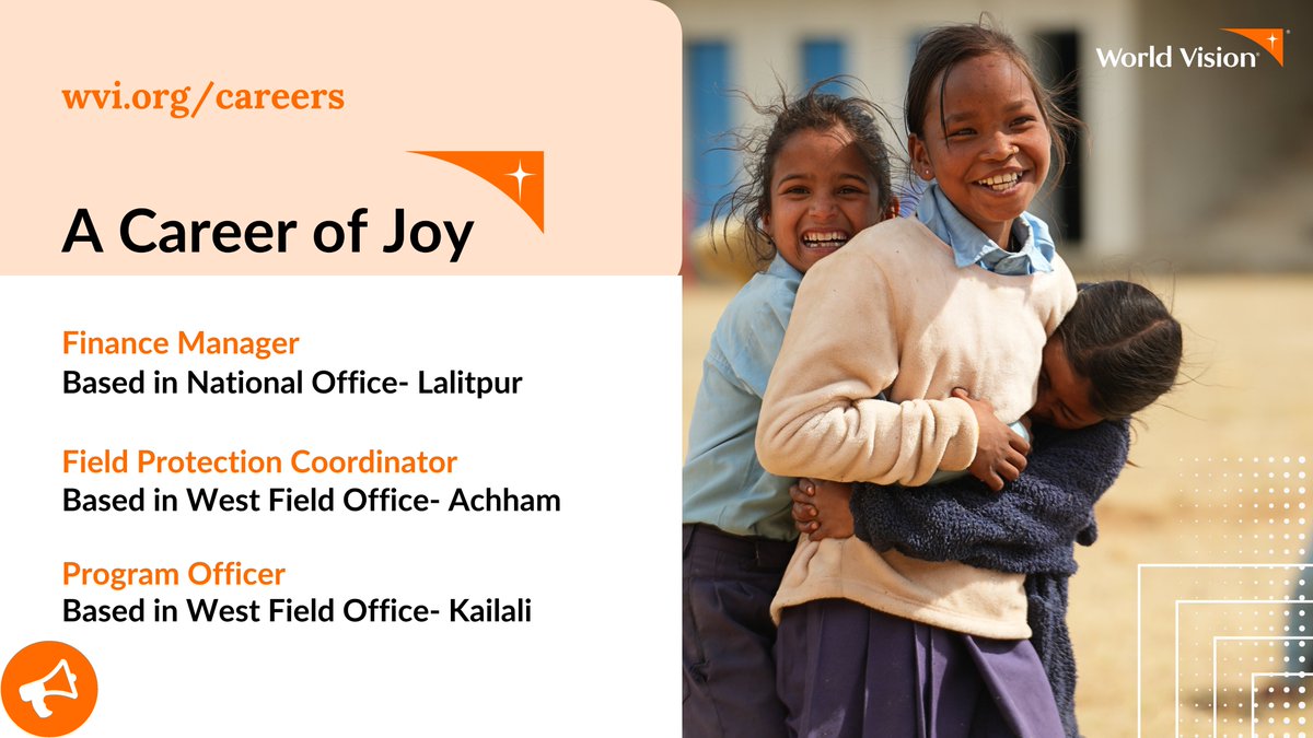 Career Opportunity📢📢📢

1. Finance Manager bit.ly/48rhayh
Based in Lalitpur

2. Field Protection Coordinator bit.ly/40qdvPp
Based in Achham

3. Program Officer bit.ly/3C4eVFb
Based in Kailali

Deadline- 17 Nov 2024.

#WeAreWorldVision #WorldVisionJobs