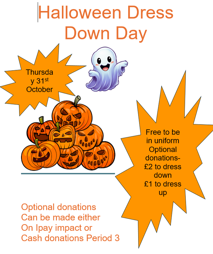KAcharities's tweet photo. Reminder to pupils and staff that tomorrow is our Halloween dress down day. We are looking forward to seeing you all dressed up in your spooky outfits! Donations are voluntary and can be made on iPay or during period three using cash. Thanks to our seniors for making this poster! https://t.co/rFMNUKRqoR