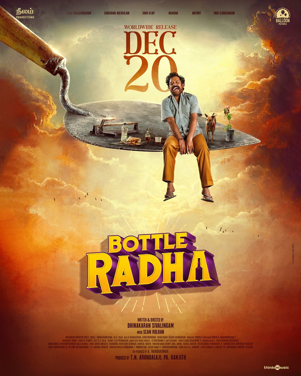 Mark the date! An emotional and chaotic storm is on its way 🤩

#BottleRadha will be yours worldwide from December 20 

#BottleRadhaFromDec20 

A film by <a href="/Dhinakaranyoji/">Dhinakaran Sivalingam</a>
A <a href="/RSeanRoldan/">Sean Roldan</a> Musical
Produced by <a href="/beemji/">pa.ranjith</a> <a href="/officialneelam/">Neelam Productions</a> <a href="/balloonpicturez/">@balloonpictures2021</a> #ArunBalaji

<a href="/gurusoms/">Guru Somasundaram</a> <a href="/sanchana_n/">Sanchana natarajan</a>