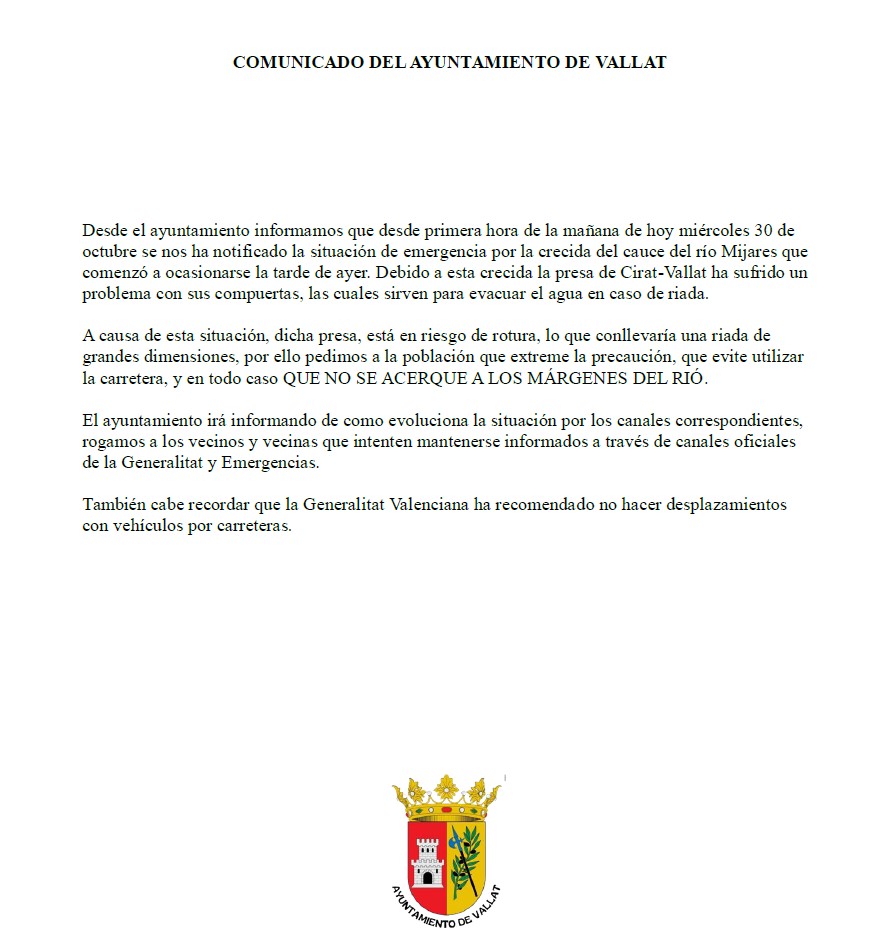 ManuelBareaC's tweet photo. @ppvallat Ante la situación acaecida por las fuertes lluvias con las inundaciones posteriores producida por la presente DANA, seguid en todo momento las indicaciones dictadas desde el Ayuntamiento. https://t.co/j5HGSbqKZD