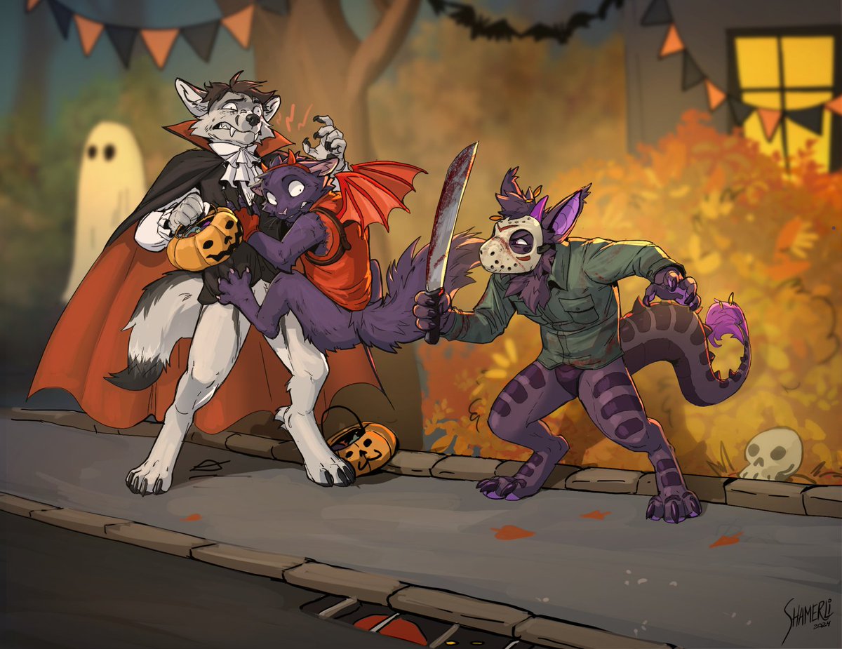 A wonderful piece by <a href="/ShamerliArt/">Shamerli @🟦⛅️</a> 

<a href="/intrufox/">intru 🔜 furum</a> and I getting spooked by a masked kobold! Though perhaps the fox isn't as concerned by the scare as myself. Remember that kitties have claws, accompany at your own risk. 

For those celebrating, be safe and Happy Halloween!