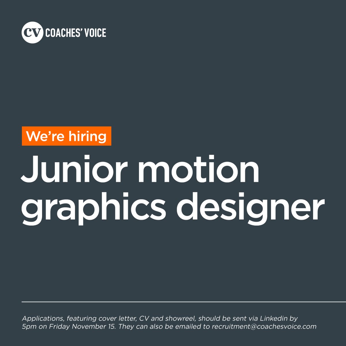 CoachesVoice's tweet photo. We’re hiring 🙌

We’re looking for a junior motion graphics designer to work across all of our industry-leading content. Apply by emailing a cover letter, CV and link to a showreel, to recruitment@coachesvoice.com by 5pm on Friday November 15... 💻⚽️