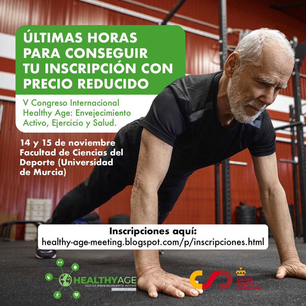 Hasta mañana 31 de octubre puedes conseguir tu inscripción para el V Congreso Internacional Healthy Age: Envejecimiento Activo, Ejercicio y Salud, con un precio reducido 💚 

Consigue tu entrada aquí: healthy-age-meeting.blogspot.com/p/inscripcione…