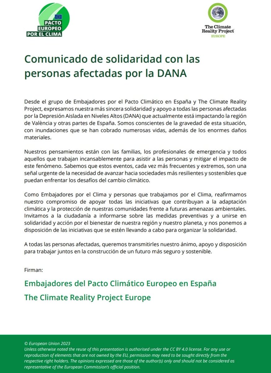 Comunicado de solidaridad con las personas afectadas por la #DANA de los Embajadores y Embajadoras del #EUClimatePact <a href="/EUClimateAction/">EU Climate Action</a> España y The Climate Reality Project Europe <a href="/climate_reality/">The Climate Reality Project Europe 🇪🇺 Spain</a>