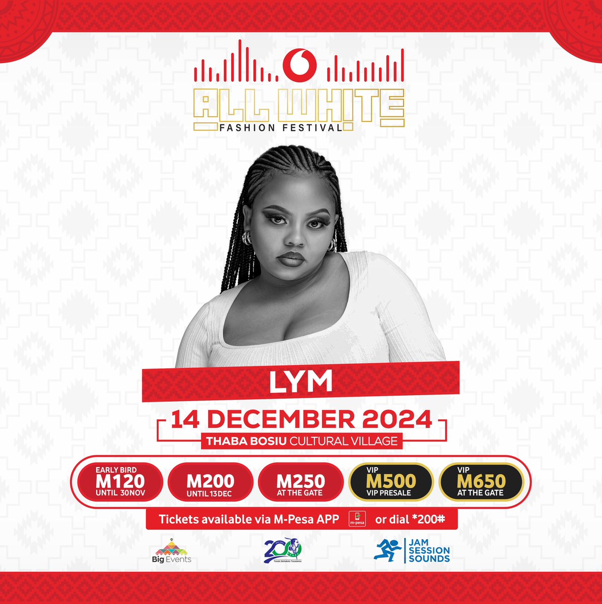 VodacomLes's tweet photo. Hlopha liaparo 🪡👕👗👖👟👠nako e sale teng, u tsebe ho lo bona LYM h'a litsoaka 🎼🎶💃🏿🕺🏿moketeng oa Vodacom All White Fashion Festival!

Reka tekete ka M-Pesa e sa le M120. Letsetsa *200# ho reka.

#HaesoHoMonate🇱🇸
#VodacomAllWhiteFashionFestival2024
#TouchOfRed❤️ https://t.co/HXHZ4mnCCs
