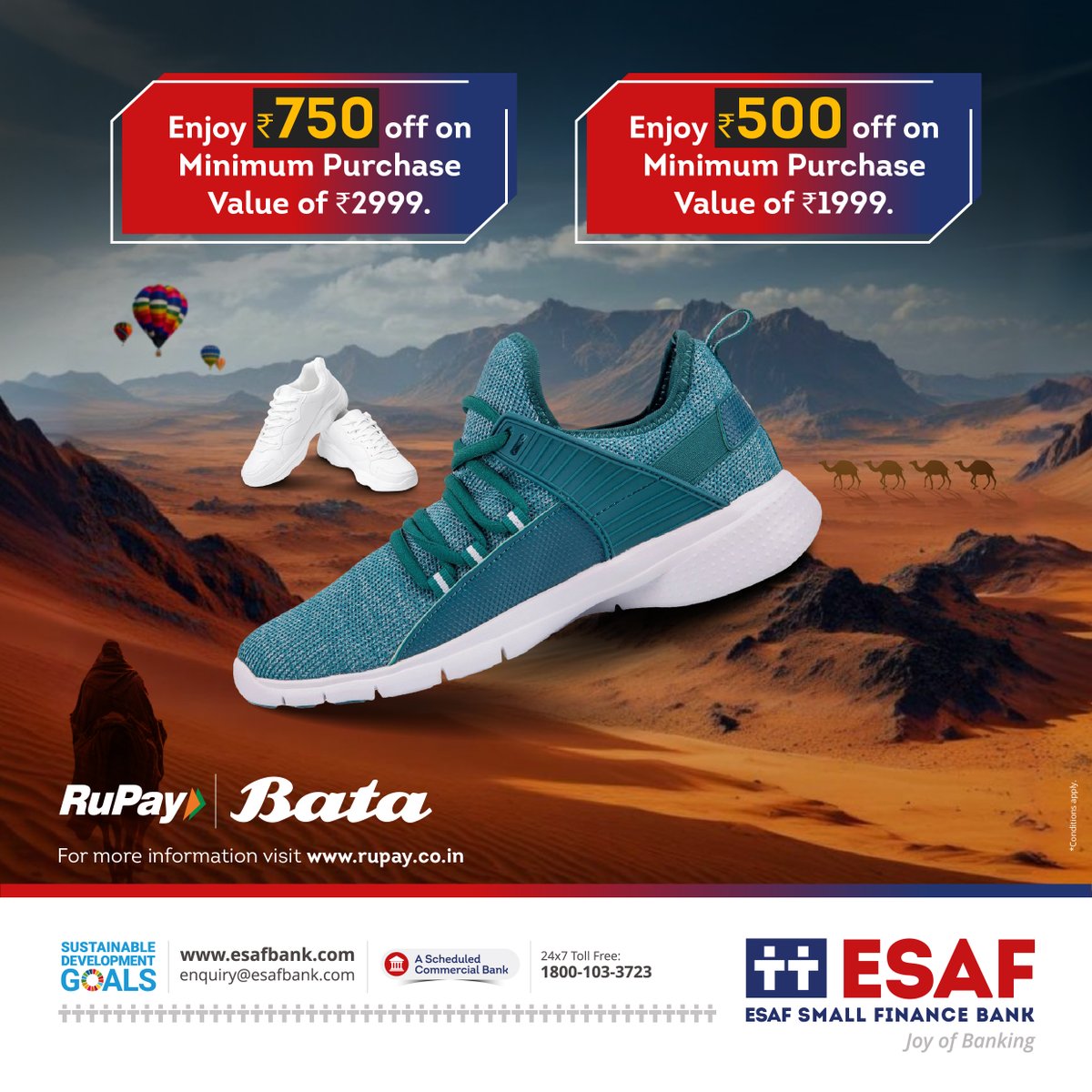 ESAFBank's tweet photo. Enjoy up to ₹750 off on every Bata footwear purchase with your ESAF Small Finance Bank RuPay Card! Experience the joy of shopping with us.
#ESAFBank #RuPayCardOffers #ThePowerToDreamBigger #JoyOfBanking https://t.co/vFnmUf2Czt
