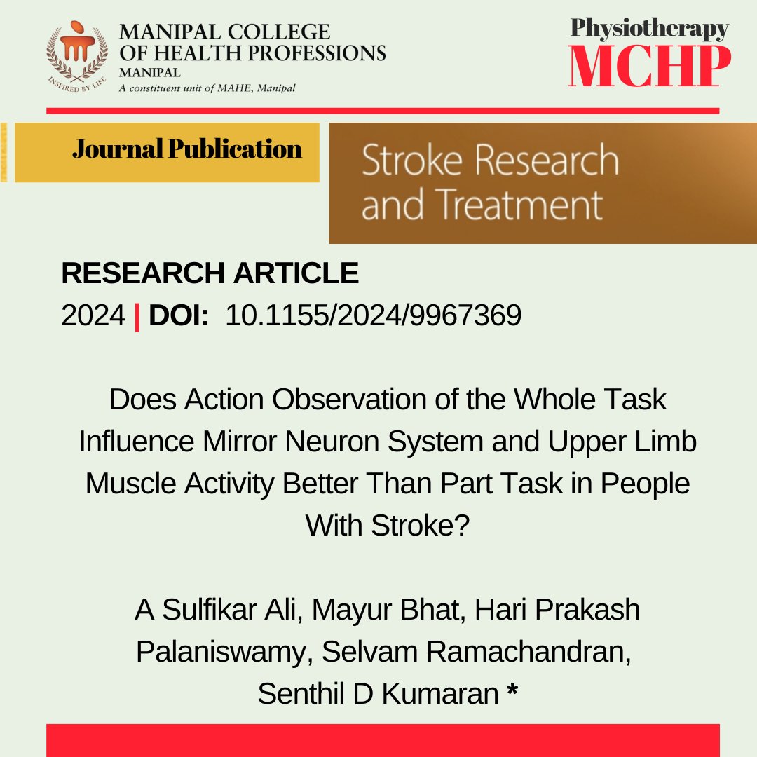 <a href="/PtMchp/">Physiotherapy MCHP</a> congratulates its then PG student Dr. Sulfikar Ali, faculty Dr. Senthil Kumaran, Dr. Selvam Ramachandran and team for a collaborative publication in the SRT Journal. 🎉Kudos team for the publication!

<a href="/MAHE_Manipal/">Manipal Academy of Higher Education</a>  <a href="/DoRMAHE_Manipal/">Directorate of Research, MAHE, Manipal</a> <a href="/MCHP_MAHE/">MCHP</a> <a href="/johnsolomon78/">John Solomon</a>