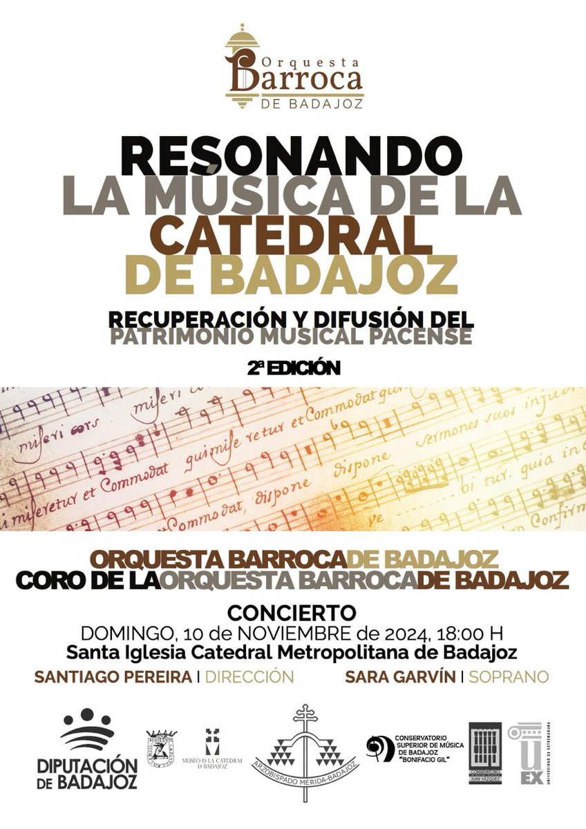 Resonando la música de la Catedral de Badajoz próximo domingo 10 noviembre a las 18h. Entrada por la Puerta del Cordero a las 17:30h
¡No te lo pierdas!
<a href="/ArchiMridaBadaj/">Archi Mérida-Badajoz</a> 
<a href="/DipdeBadajoz/">Diputación de Badajoz</a> 
<a href="/JuventudBadajoz/">Juventud Badajoz</a>