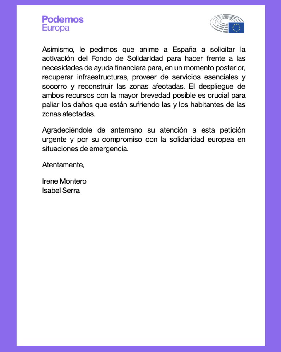 Solicitamos a la Comisión Europea que ponga a disposición de España el Fondo de Solidaridad de la Unión Europea y active el Mecanismo de Protección Civil de la UE. Para afrontar las consecuencias de la DANA necesitaremos que actúen todas las instituciones. Es urgente.