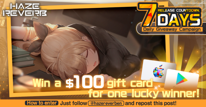 hazereverben's tweet photo. 【7 Days to Go!】

⚡️ The countdown starts now! Just 7 days until Haze Reverb launches. Dive into an epic world where humanity's survival is at stake. Are you ready for the challenge? 
🎁 Follow + Repost for a chance to win a $100 Apple/Google gift card!

#HazeReverb #Giantess