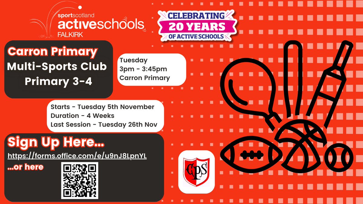 Andrew - Active Schools (@asc_andrew1) on Twitter photo P3-4 Multi-Sport at <a href="/CarronPrimary/">Carron Primary</a>! ✅
📅Tuesday
⏰3pm-3:45pm
🏟️Carron PS - Games Hall
➡️Begins, Tue 5th Nov (4 weeks)
Sign-Up⤵️forms.office.com/e/u9nJ8LpnYL P3-4 Multi-Sport at <a href="/CarronPrimary/">Carron Primary</a>! ✅
📅Tuesday
⏰3pm-3:45pm
🏟️Carron PS - Games Hall
➡️Begins, Tue 5th Nov (4 weeks)
Sign-Up⤵️forms.office.com/e/u9nJ8LpnYL