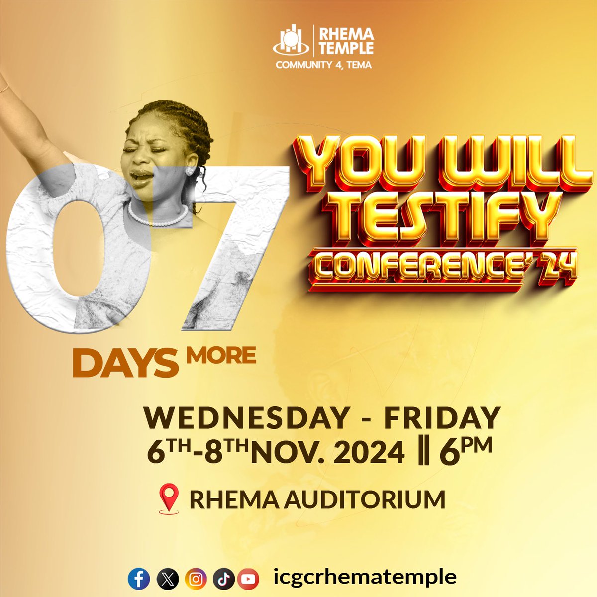 icgcrhematemple's tweet photo. 7 Days More
#YouWillTestify
#WeAreICGC
#RhemaTemple https://t.co/BrhCNRz5sN