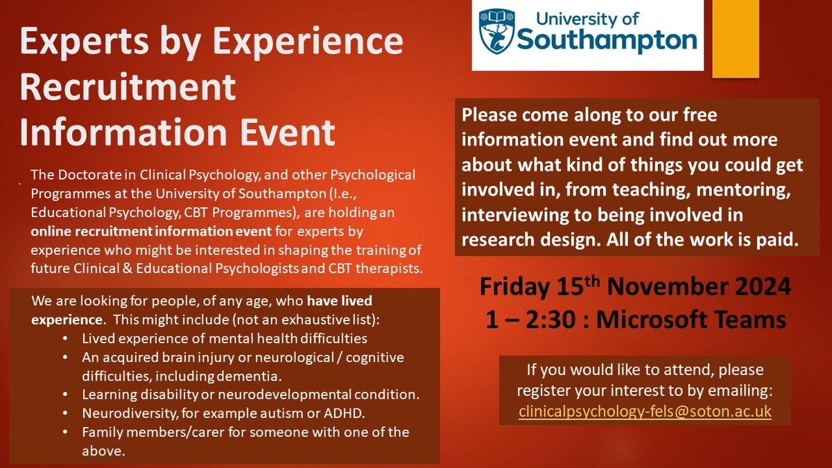 The Doctorate in Clinical Psychology at the University of Southampton are holding an online information event for people with lived experience who might be interested in getting involved in shaping the training of Clinical &amp; Educational Psychologists &amp; CBT therapists.