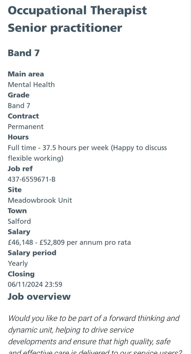 OCCUPATIONAL THERAPIST BAND 7 role at Meadowbrook! Come and be part of supportive and dynamic team.. Happy to discuss flexible working and development opportunities 💫

1 week left to apply!!!! 

gmmh.nhs.uk/vacancies/#!/j…