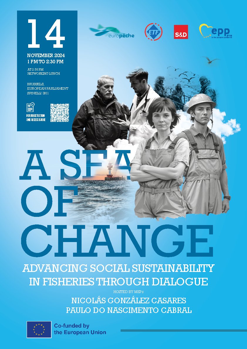 Only 15 days left to get your ticket and be a part of the Social Partners for Sea Fisheries Conference! 

MEP <a href="/nicogoncas/">Nicolás González  Casares</a> &amp; Do Nascimento Cabral are inviting│14.11 │European Parliament │1PM │&amp; Networking Lunch

Be a part of social dialogue💬💙
Tickets: t.ly/juEjW