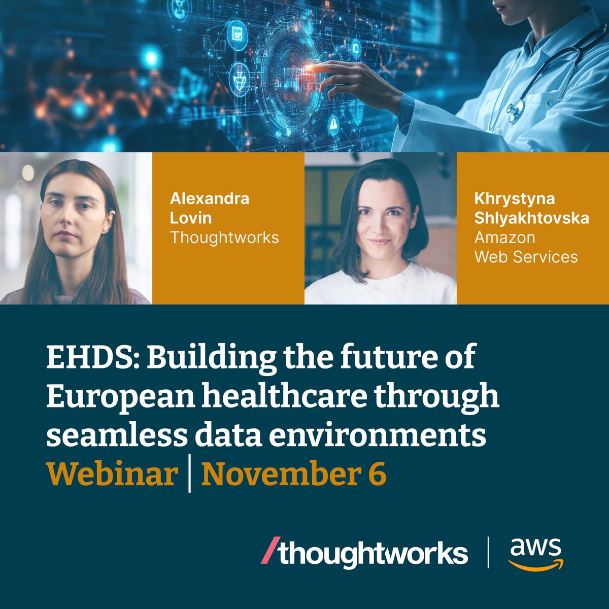 thoughtworks's tweet photo. Join experts Alexandra Lovin and Khrystyna Shlyakhtovska to learn how to leverage data for resilient health systems while overcoming challenges in our upcoming European Health Data Space webinar.
One week left to register: https://t.co/fBiTWCYdJI
#EHDS #HCLS @AWS_Partners https://t.co/T0cmhCLH2c