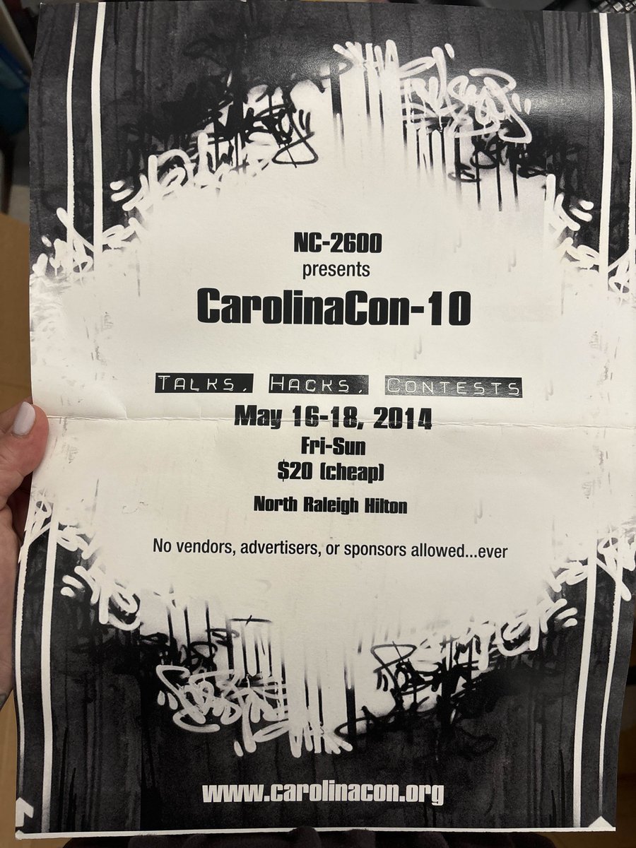 Some ghosts are real!
Spooky that CackalackyCon will be held on the same dates 11 years later.
May 16-18, 2025

More info at cackalackycon.org