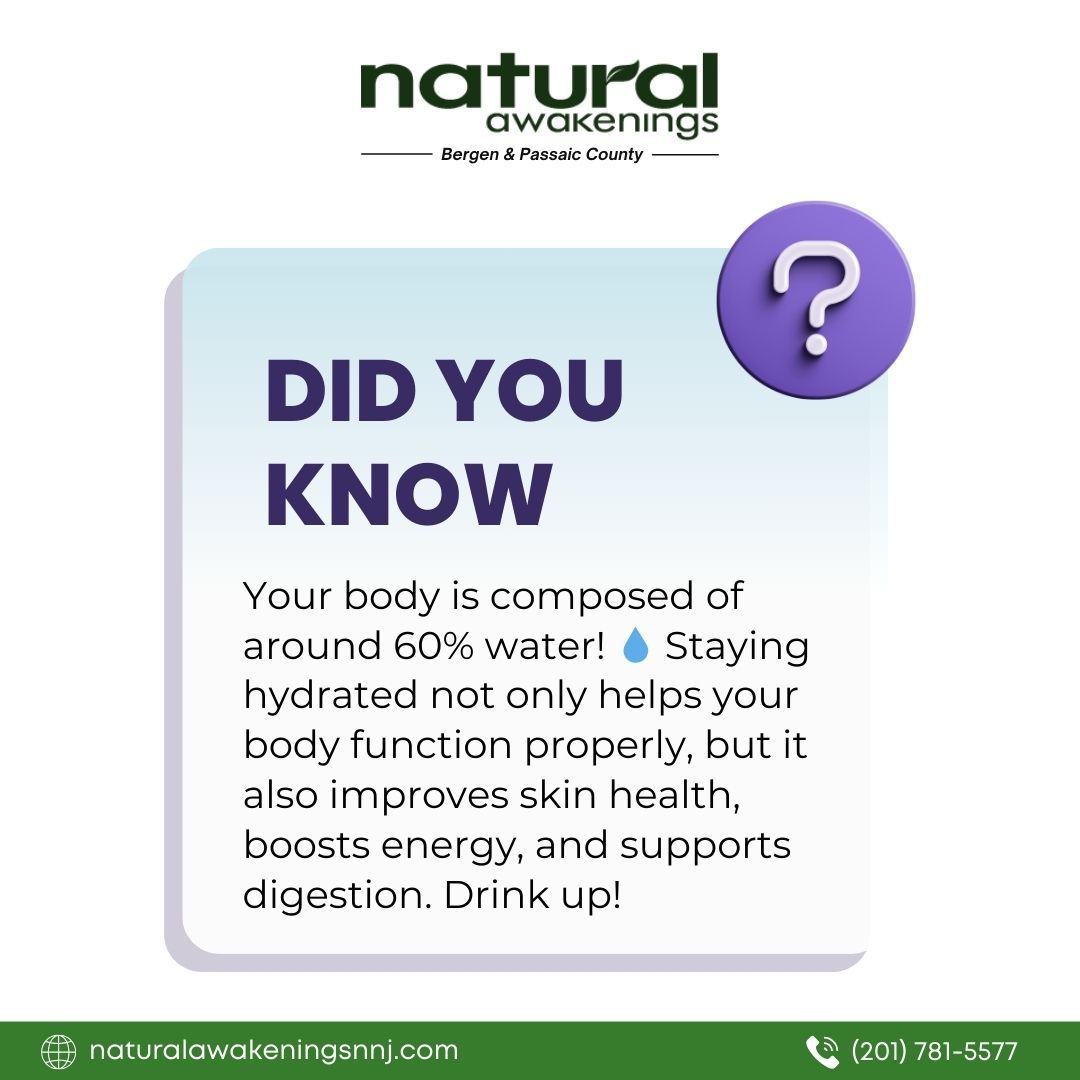 Did you know that your body is composed of around 60% water? 
.
Staying hydrated not only helps your body function properly, but also improves skin health, boosts energy, and supports digestion. Drink up!
.
#hydrationfacts #healthfunfact #wellnesstip #naturalawakeningsnnj