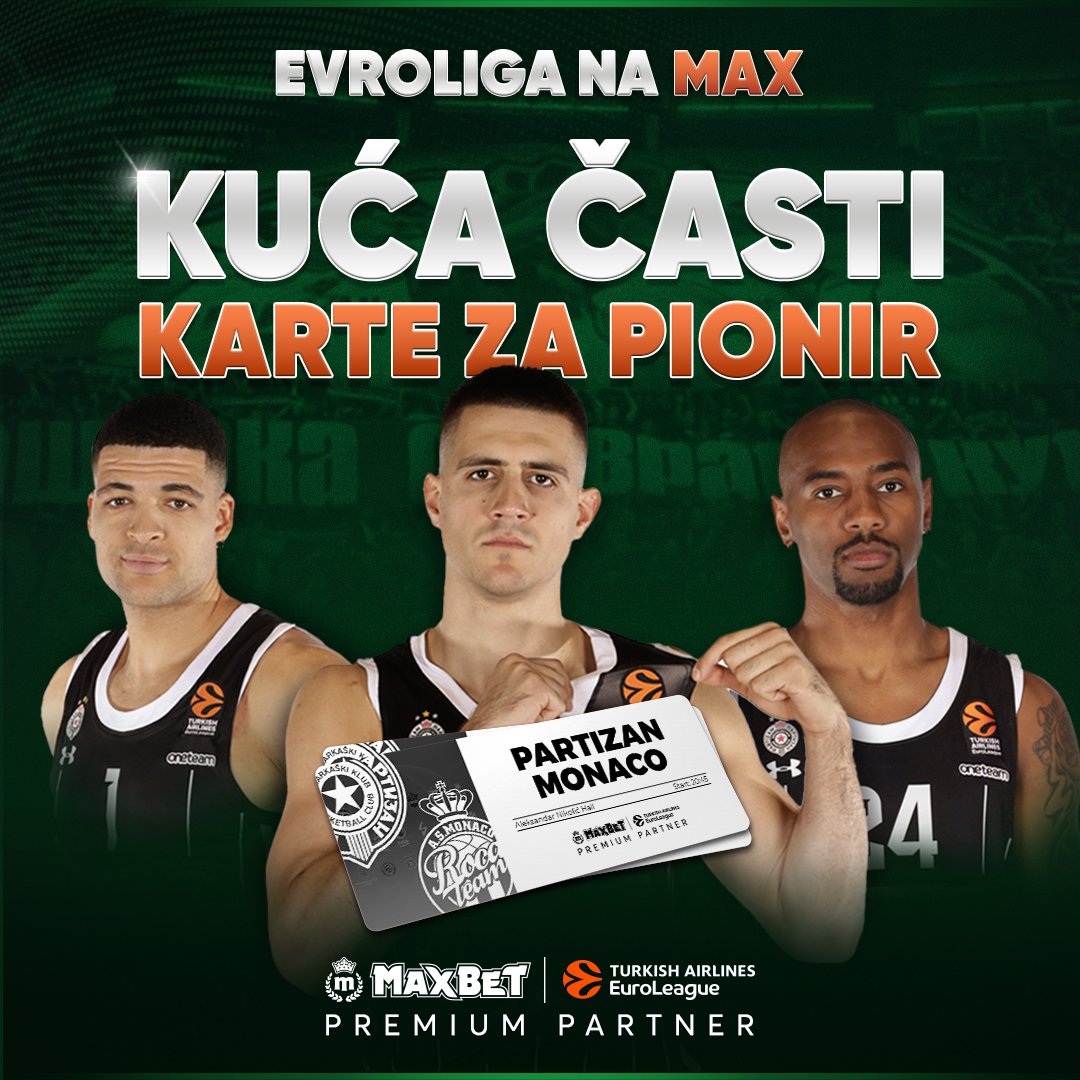 Kuća časti - gledaj KK Partizan u Pioniru! 🎁🏀

MaxBet kao premium partner Evrolige te vodi u halu Aleksandar Nikolić da bodriš crno-bele! 👀

Sve što je potrebno da bi učestvovao u trci za 2 karte jeste da: 

• Pratiš<a href="/MaxBetSrbija/">MaxBet 🇷🇸</a>
• Retvituješ objavu

Možeš učestvovati samo