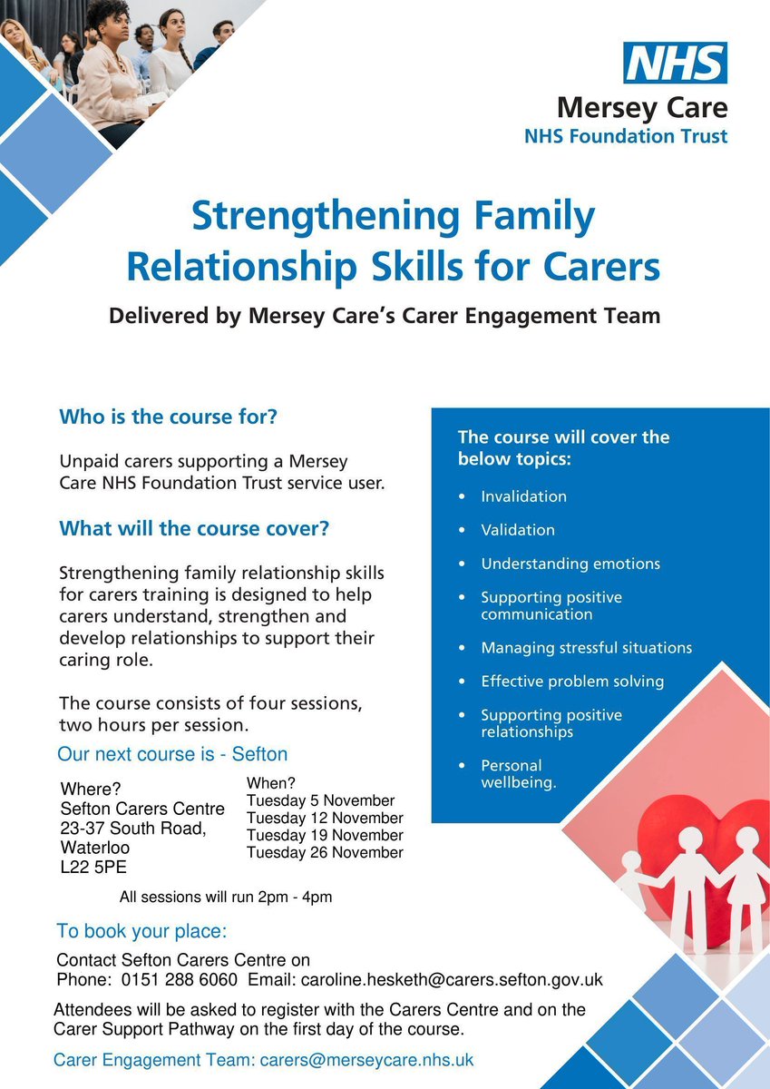 Sefton Carers Centre (@seftoncarers) on Twitter photo Starting from Tuesday 5th November, <a href="/Mersey_Care/">Mersey Care NHS FT 🏳️🌈</a> have developed a four week course designed to help Sefton carers understand, strengthen, and develop relationships to support their caring role. Sessions take place in Waterloo. To book please call 0151 288 6060 #CarerSupport Starting from Tuesday 5th November, <a href="/Mersey_Care/">Mersey Care NHS FT 🏳️🌈</a> have developed a four week course designed to help Sefton carers understand, strengthen, and develop relationships to support their caring role. Sessions take place in Waterloo. To book please call 0151 288 6060 #CarerSupport